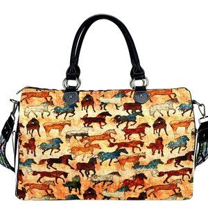 Horses Leather Trimmed Canvas Duffle Shoulder Bag